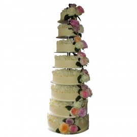 Bruidstaart 1646 / Chocolade krullen Rond model met echte rozen op elke laag